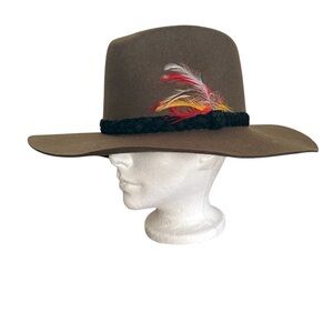 Vintage Lanning Headwear Felt Cowboy Hat Olive Green Multicolour Feather Canada